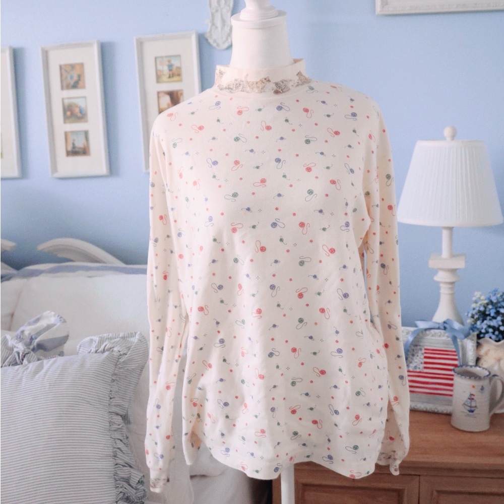 Cream Lace-Trim Long Sleeve Floral Print Top